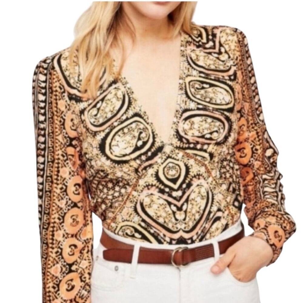 Free People Boho Chic Paisley Wrap Top Long Sleeve Smocked Waist Size XS